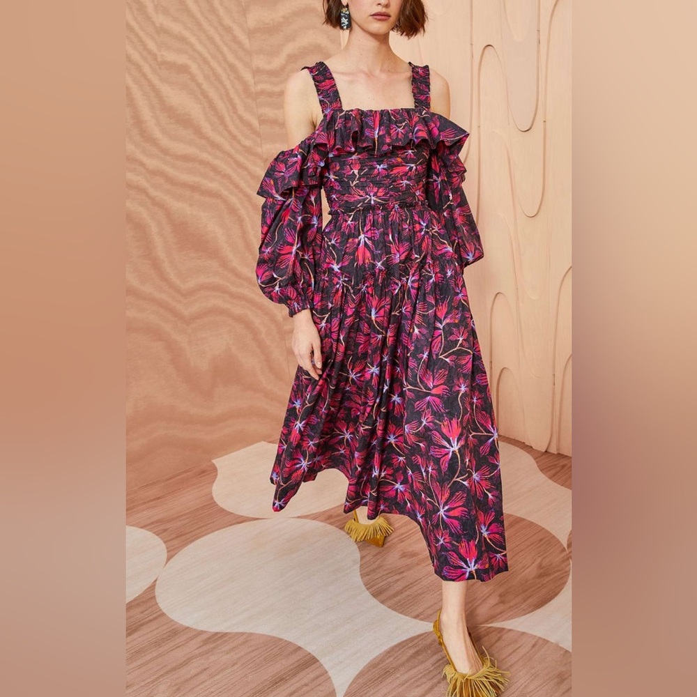 Ulla Johnson Caprice Floral Cold Shoulder Long Sleeve Cotton Dress